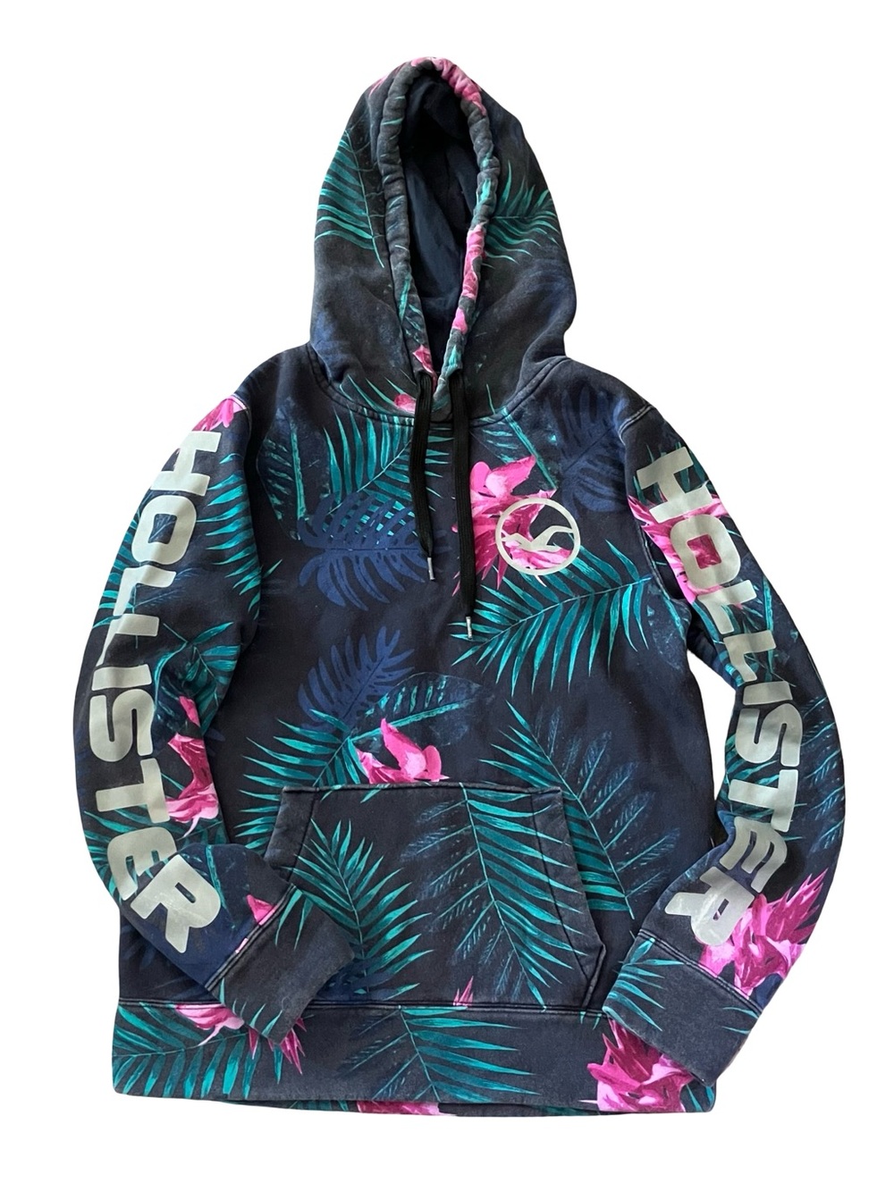 Hollister Men's Black Hoodie with Teal Palm & Pink Floral Print